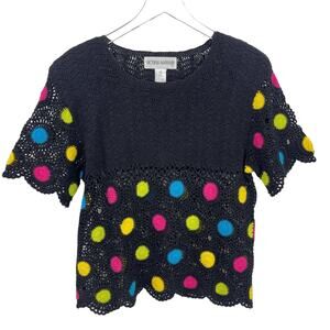 Vintage Victoria Harbour Size Medium Crochet Polka Dot Short Sleeve Top Black